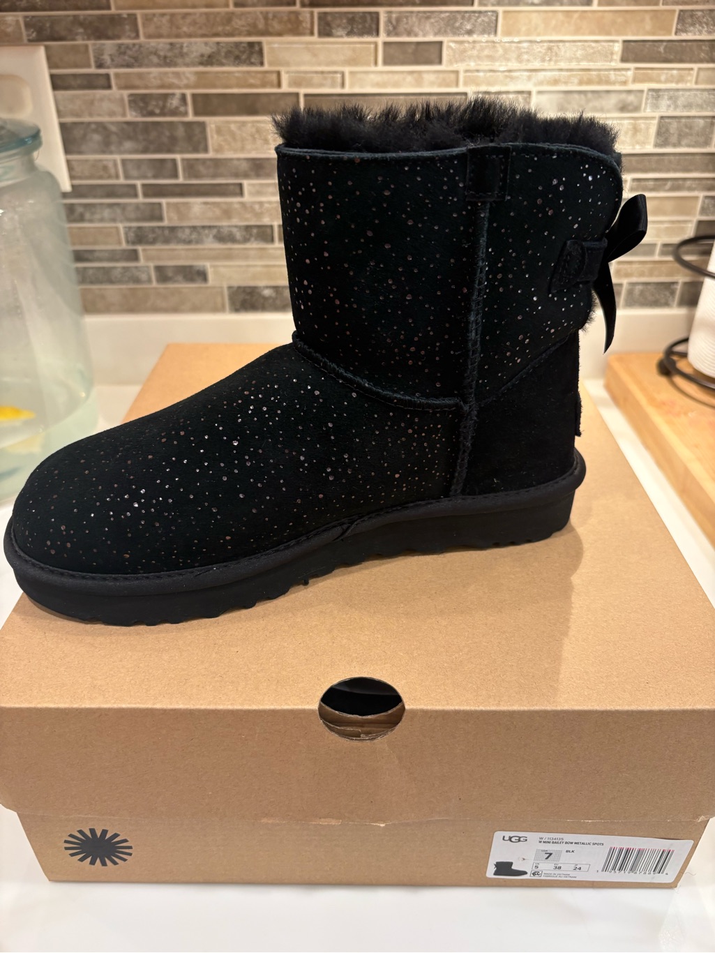 Ugg Black Sparkle Short Suede Bailey Boot With Bow-New!